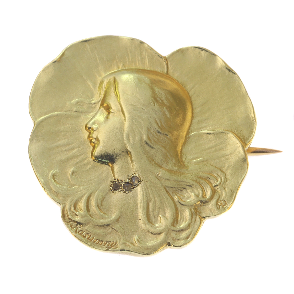 Art Nouveau brooch lady's head signed Rasumny
